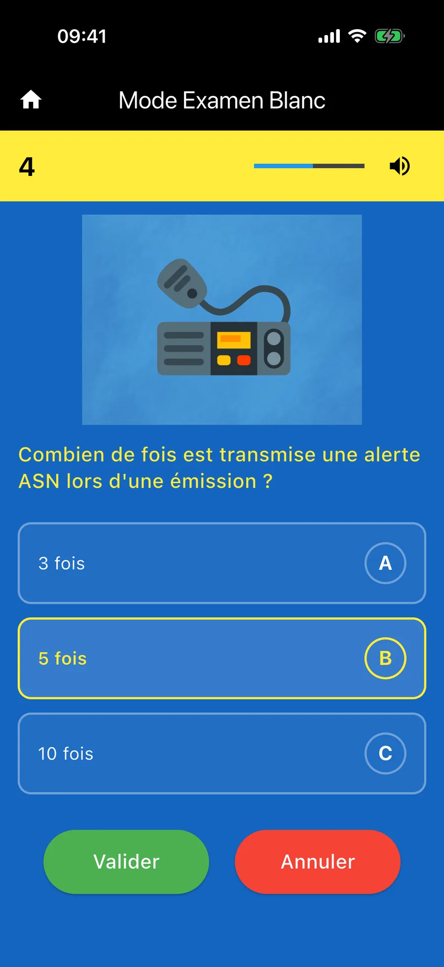 Mode examen blanc : question chronométrée avec illustration et boutons Valider / Annuler